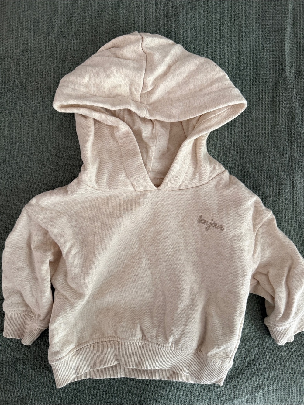 Kids Light Beige Hooded Sweatshirt - "bonjour" Detail
